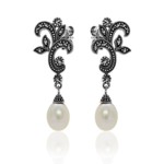 Marcasite and Freshwater Pearl Sterling Silver Scroll Earrings